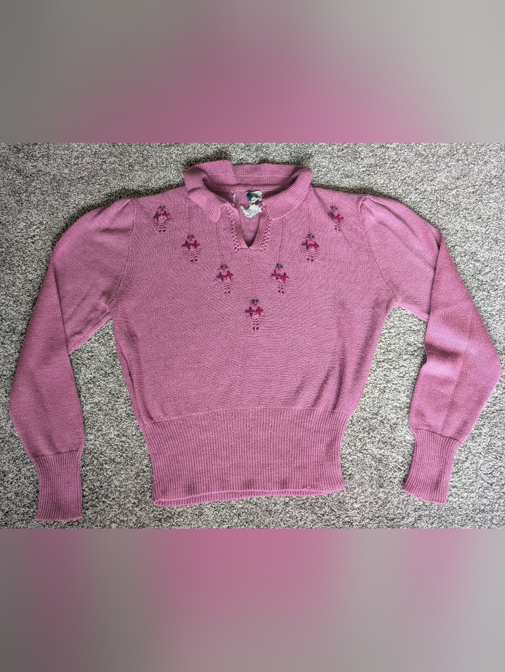 Vintage E.V. ltd. Purple Floral Embroidered Sweater Women's Large Grandma Chic